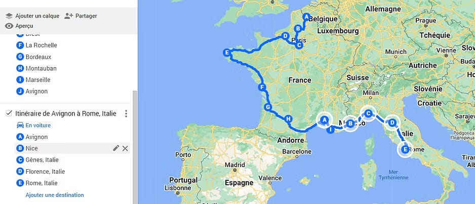 Image illustrant une carte avec des points pour une itinéraire